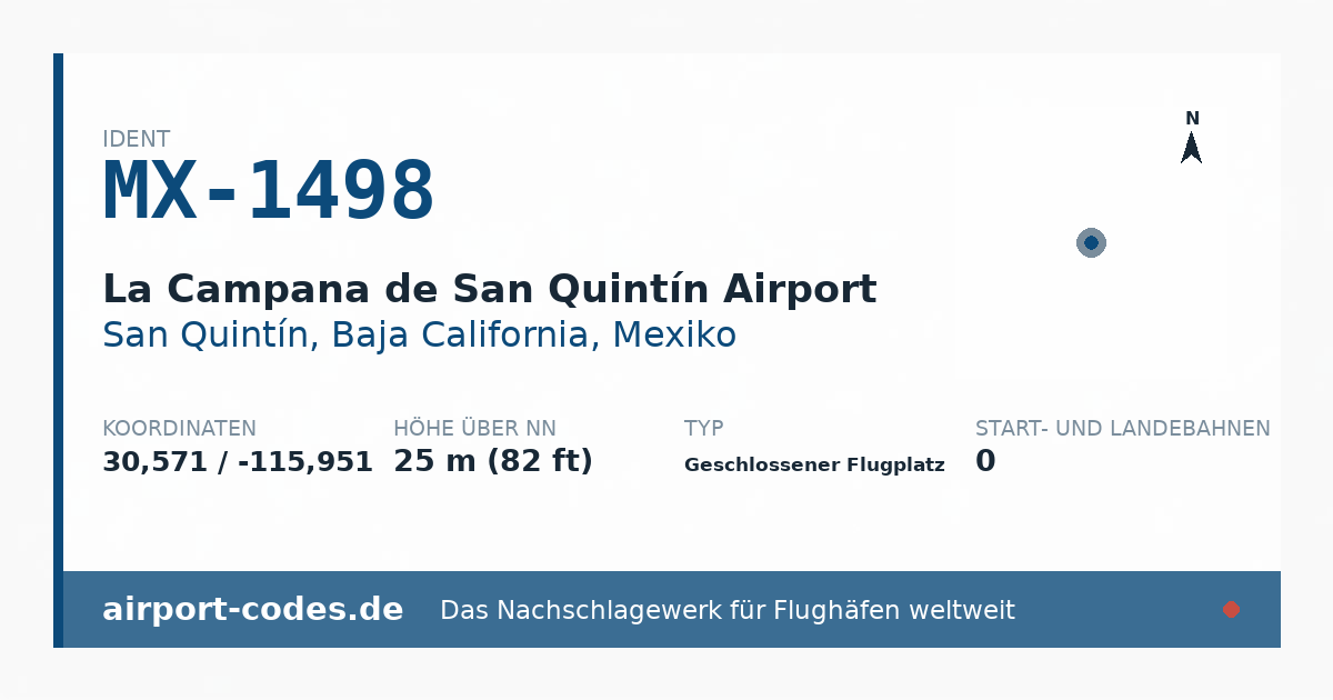 Generierte Übersichtsgrafik zum Flughafen La Campana de San Quintín Airport mit Codes, Koordinaten und Bahnenskizze