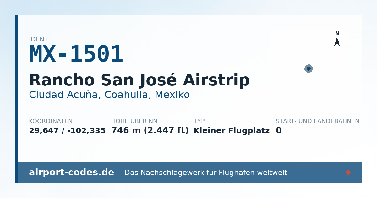 Generierte Übersichtsgrafik zum Flughafen Rancho San José Airstrip mit Codes, Koordinaten und Bahnenskizze