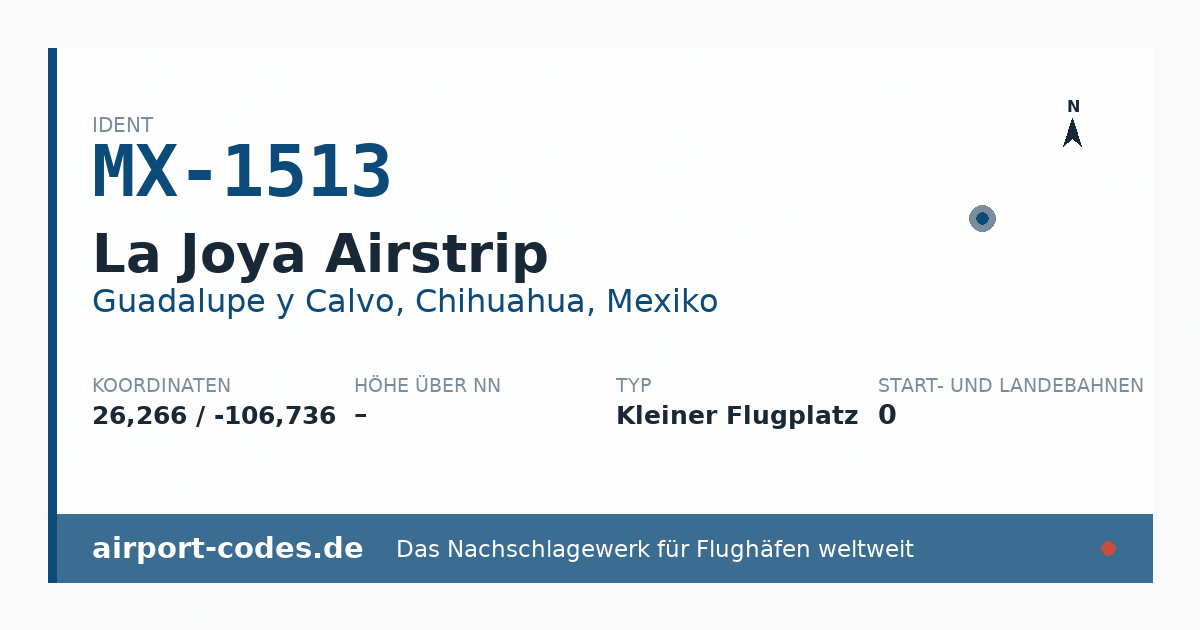 Generierte Übersichtsgrafik zum Flughafen La Joya Airstrip mit Codes, Koordinaten und Bahnenskizze