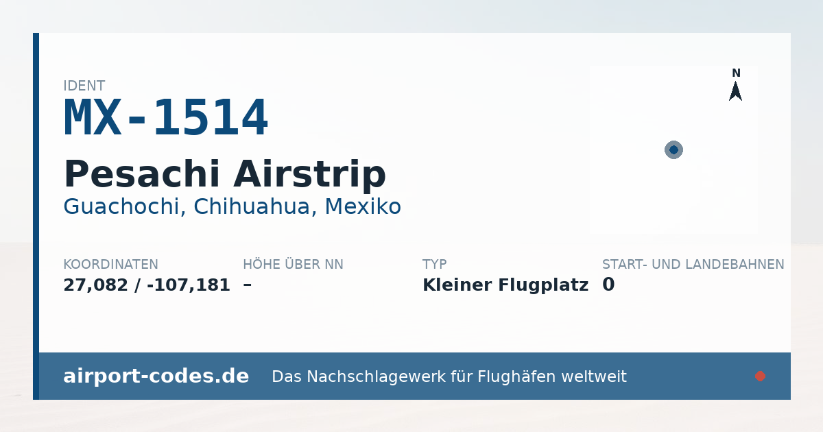 Generierte Übersichtsgrafik zum Flughafen Pesachi Airstrip mit Codes, Koordinaten und Bahnenskizze