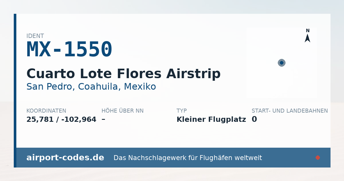 Generierte Übersichtsgrafik zum Flughafen Cuarto Lote Flores Airstrip mit Codes, Koordinaten und Bahnenskizze