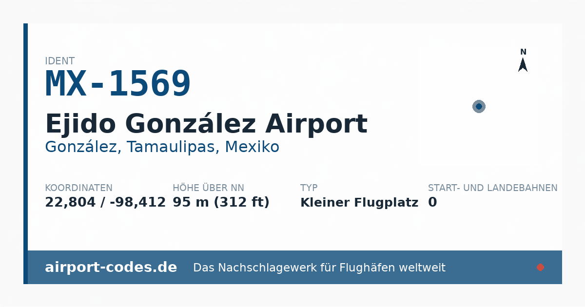 Generierte Übersichtsgrafik zum Flughafen Ejido González Airport mit Codes, Koordinaten und Bahnenskizze