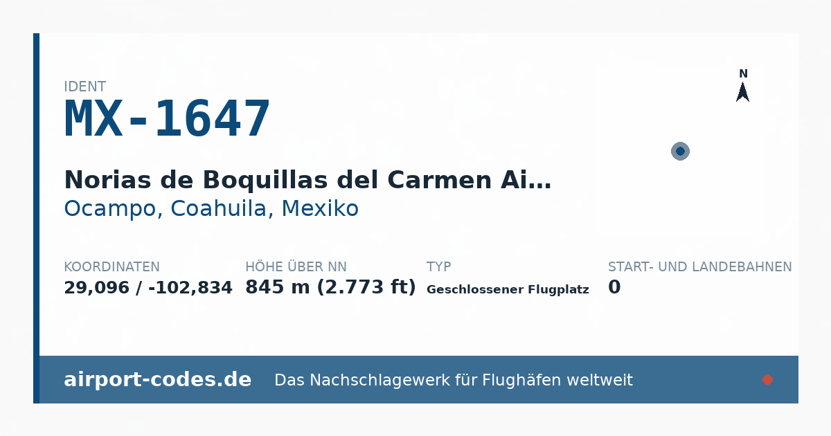Generierte Übersichtsgrafik zum Flughafen Norias de Boquillas del Carmen Airport mit Codes, Koordinaten und Bahnenskizze