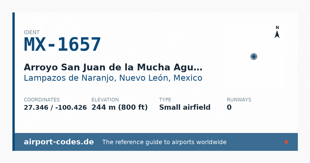 Generated summary graphic for Arroyo San Juan de la Mucha Agua Airstrip showing codes, coordinates and a runway sketch