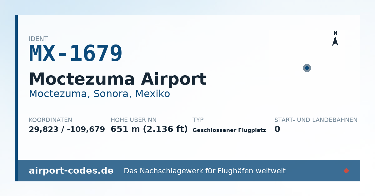 Generierte Übersichtsgrafik zum Flughafen Moctezuma Airport mit Codes, Koordinaten und Bahnenskizze