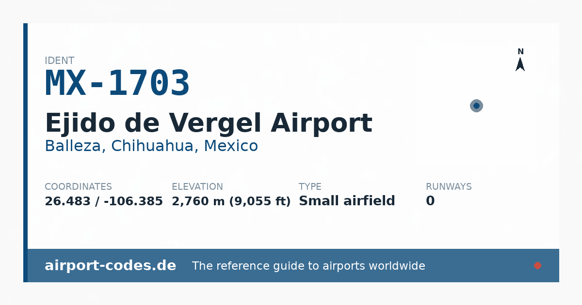 Generated summary graphic for Ejido de Vergel Airport showing codes, coordinates and a runway sketch