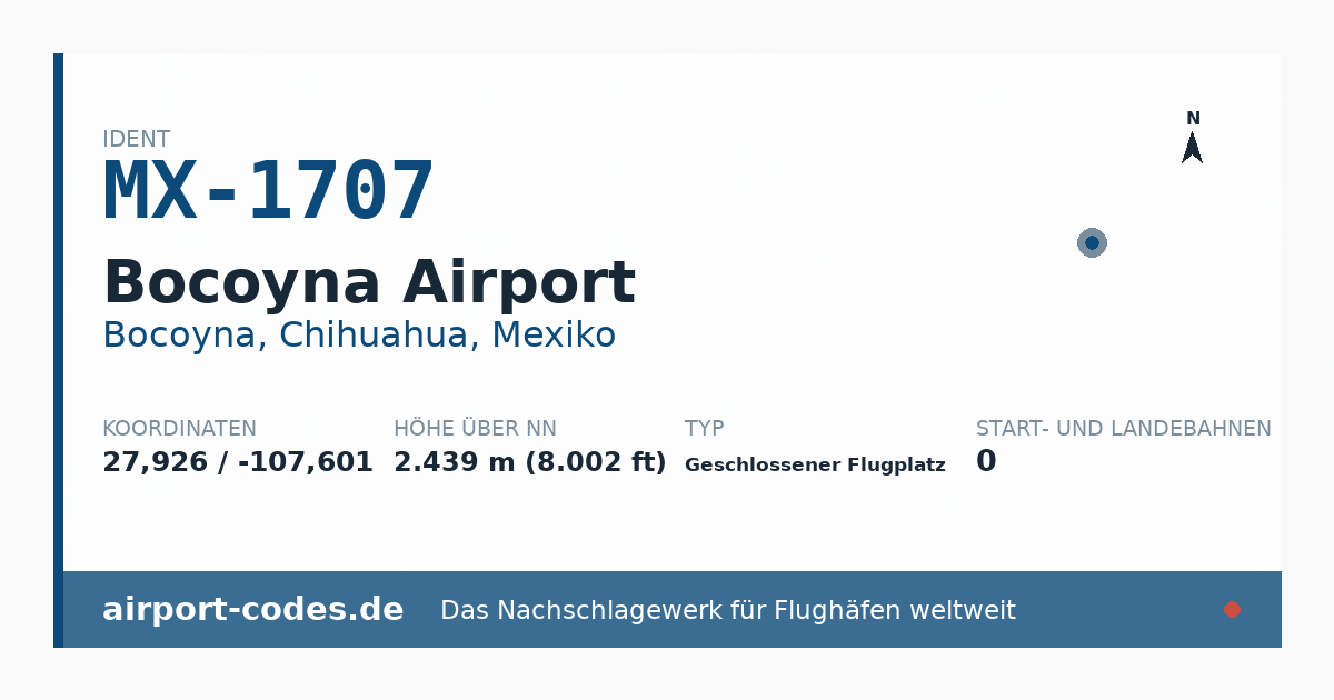 Generierte Übersichtsgrafik zum Flughafen Bocoyna Airport mit Codes, Koordinaten und Bahnenskizze