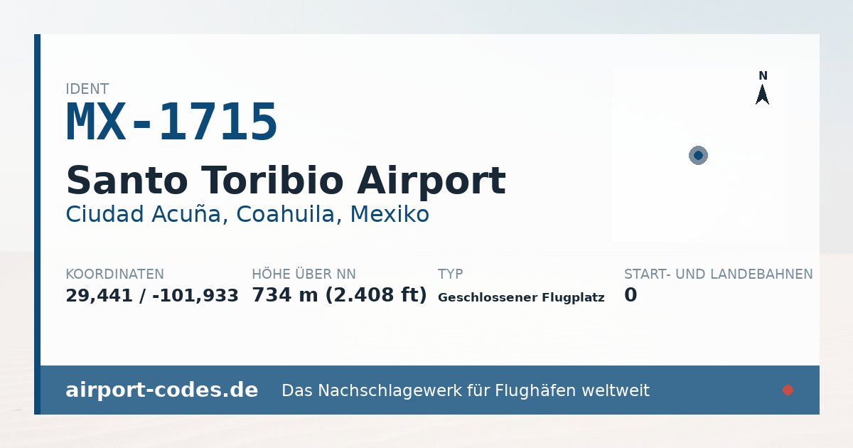 Generierte Übersichtsgrafik zum Flughafen Santo Toribio Airport mit Codes, Koordinaten und Bahnenskizze