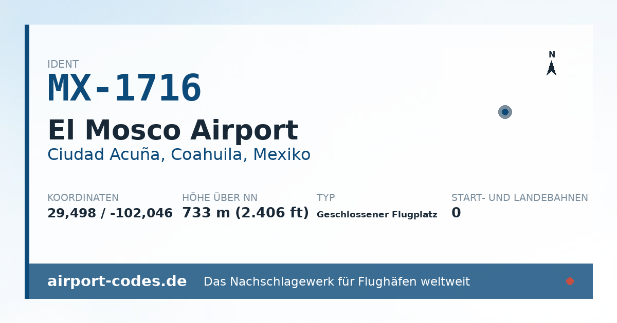 Generierte Übersichtsgrafik zum Flughafen El Mosco Airport mit Codes, Koordinaten und Bahnenskizze