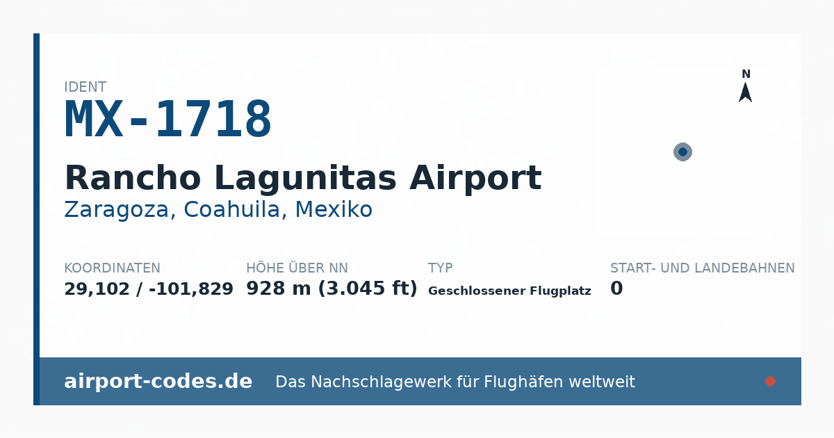 Generierte Übersichtsgrafik zum Flughafen Rancho Lagunitas Airport mit Codes, Koordinaten und Bahnenskizze