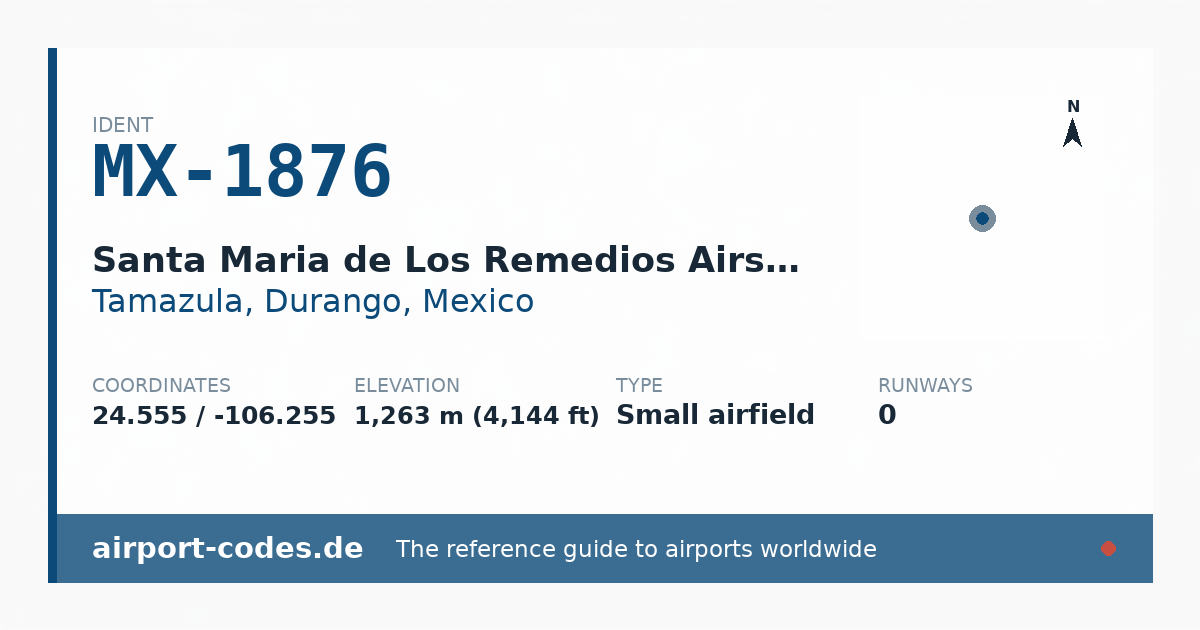 Generated summary graphic for Santa Maria de Los Remedios Airstrip showing codes, coordinates and a runway sketch
