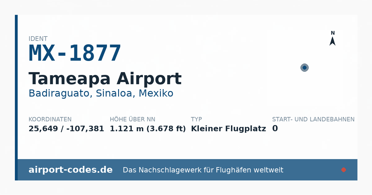 Generierte Übersichtsgrafik zum Flughafen Tameapa Airport mit Codes, Koordinaten und Bahnenskizze