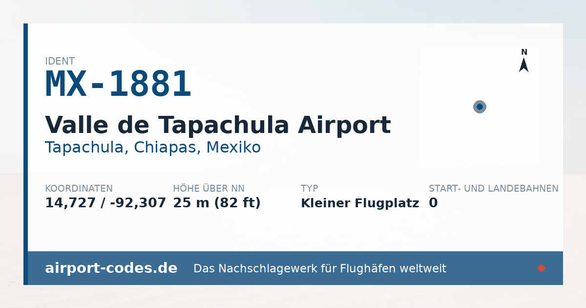 Generierte Übersichtsgrafik zum Flughafen Valle de Tapachula Airport mit Codes, Koordinaten und Bahnenskizze