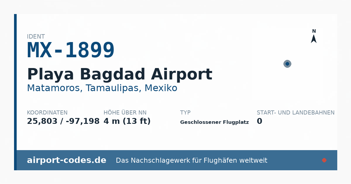 Generierte Übersichtsgrafik zum Flughafen Playa Bagdad Airport mit Codes, Koordinaten und Bahnenskizze