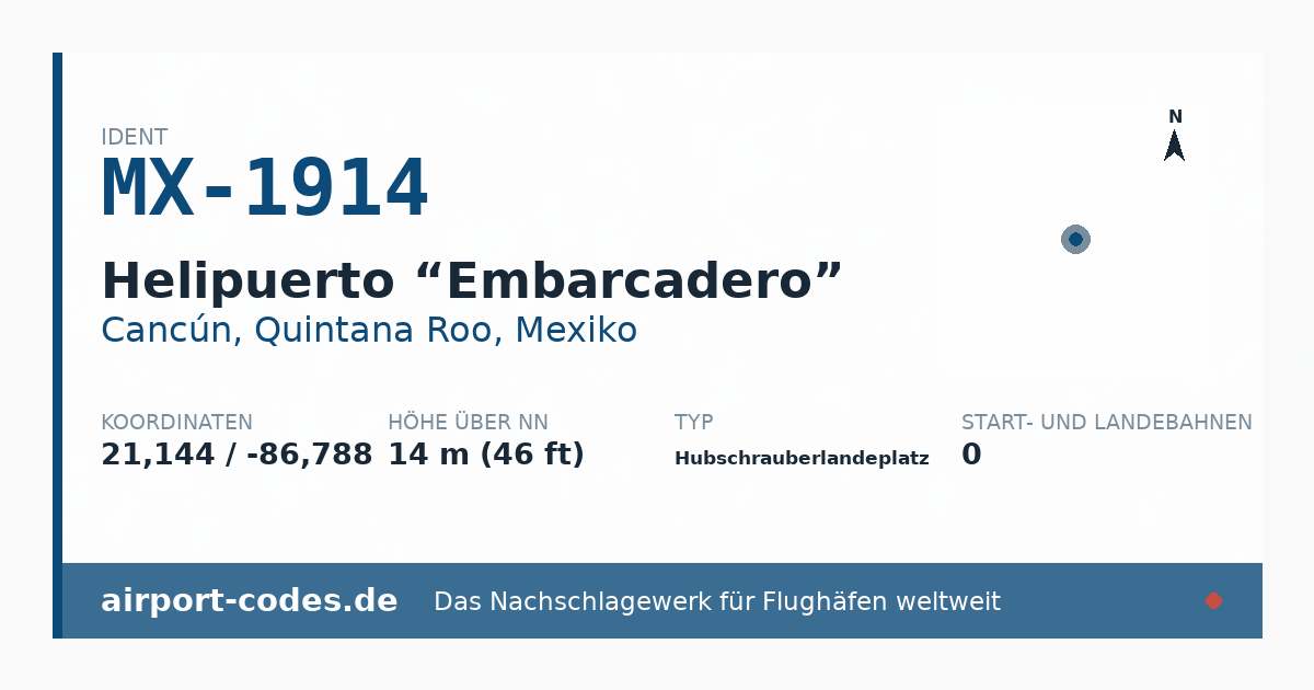 Generierte Übersichtsgrafik zum Flughafen Helipuerto “Embarcadero” mit Codes, Koordinaten und Bahnenskizze