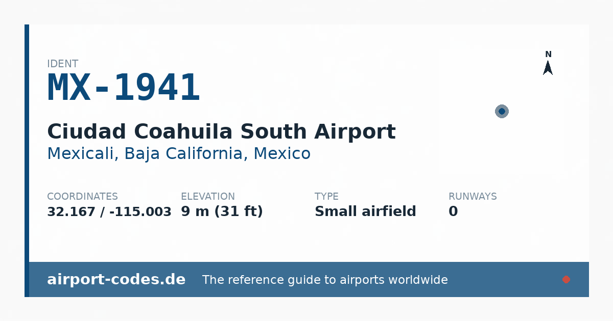 Generated summary graphic for Ciudad Coahuila South Airport showing codes, coordinates and a runway sketch