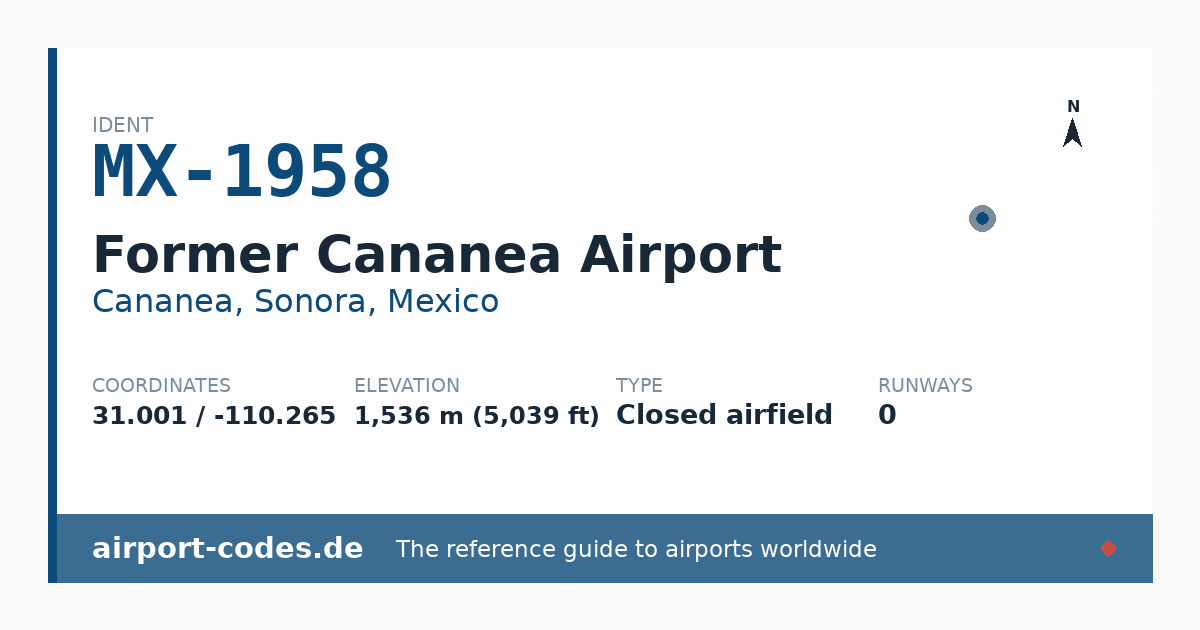 Generated summary graphic for Former Cananea Airport showing codes, coordinates and a runway sketch
