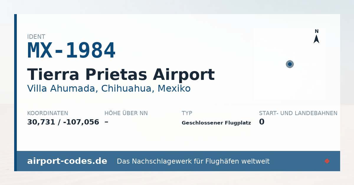 Generierte Übersichtsgrafik zum Flughafen Tierra Prietas Airport mit Codes, Koordinaten und Bahnenskizze