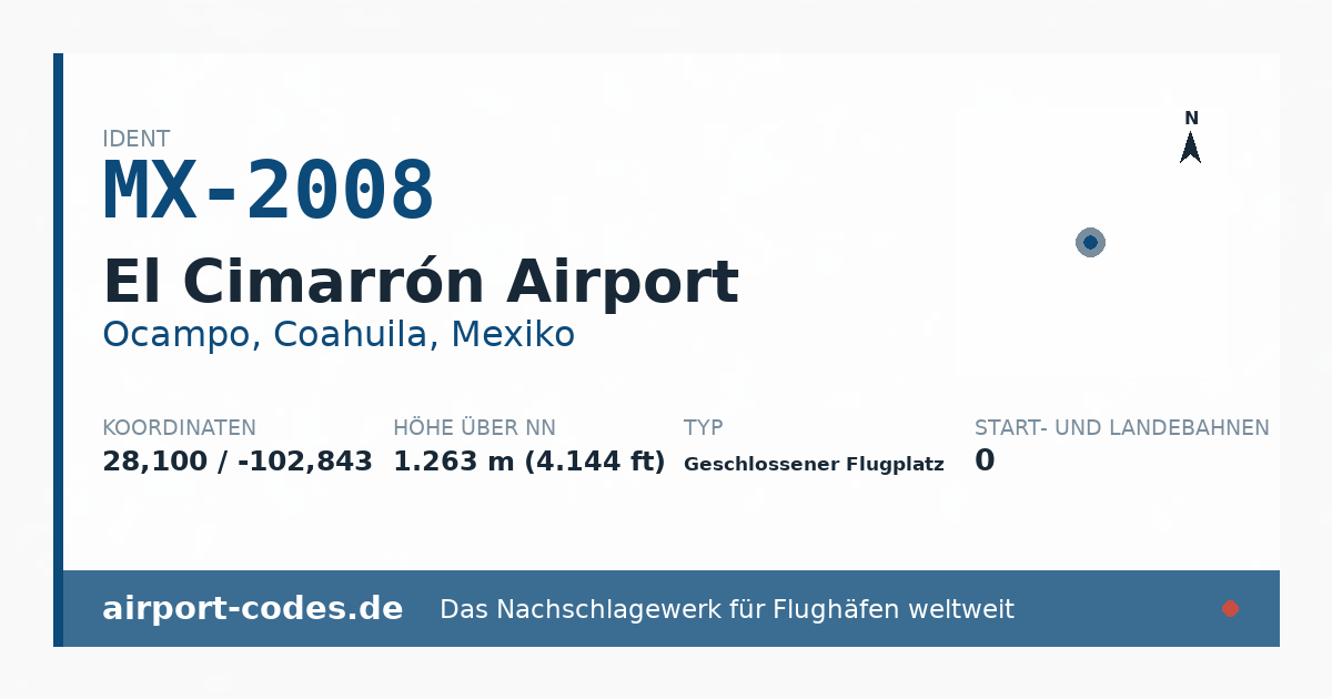 Generierte Übersichtsgrafik zum Flughafen El Cimarrón Airport mit Codes, Koordinaten und Bahnenskizze