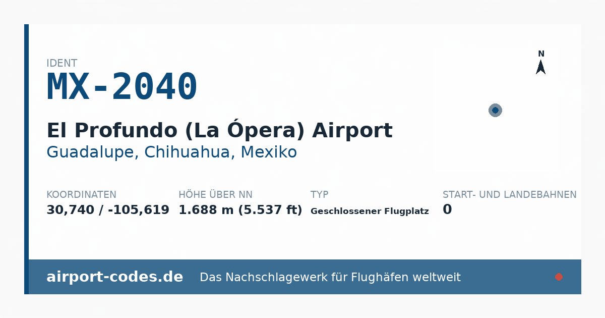 Generierte Übersichtsgrafik zum Flughafen El Profundo (La Ópera) Airport mit Codes, Koordinaten und Bahnenskizze