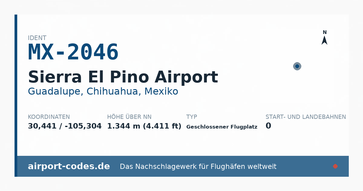 Generierte Übersichtsgrafik zum Flughafen Sierra El Pino Airport mit Codes, Koordinaten und Bahnenskizze