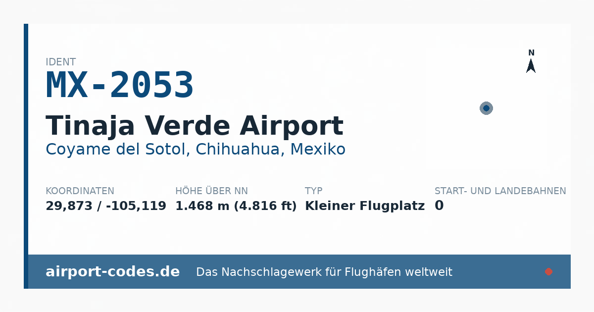 Generierte Übersichtsgrafik zum Flughafen Tinaja Verde Airport mit Codes, Koordinaten und Bahnenskizze