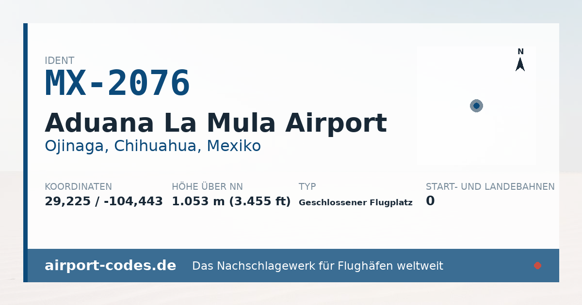 Generierte Übersichtsgrafik zum Flughafen Aduana La Mula Airport mit Codes, Koordinaten und Bahnenskizze