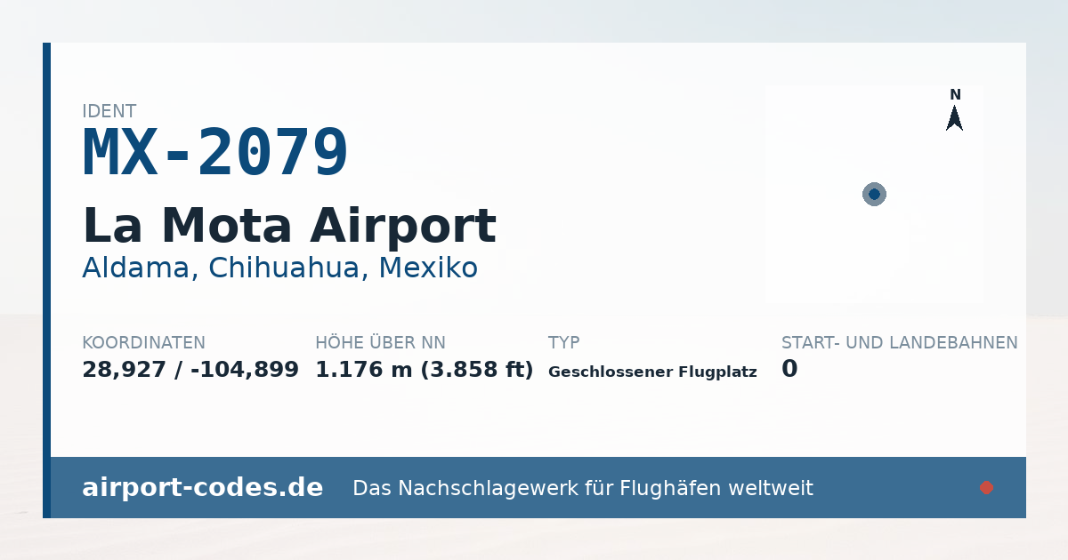 Generierte Übersichtsgrafik zum Flughafen La Mota Airport mit Codes, Koordinaten und Bahnenskizze