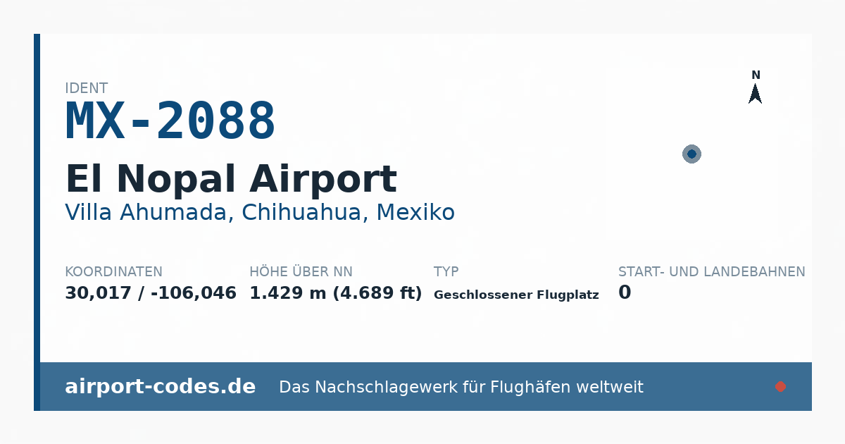 Generierte Übersichtsgrafik zum Flughafen El Nopal Airport mit Codes, Koordinaten und Bahnenskizze