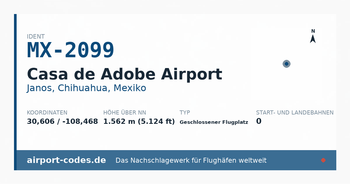 Generierte Übersichtsgrafik zum Flughafen Casa de Adobe Airport mit Codes, Koordinaten und Bahnenskizze