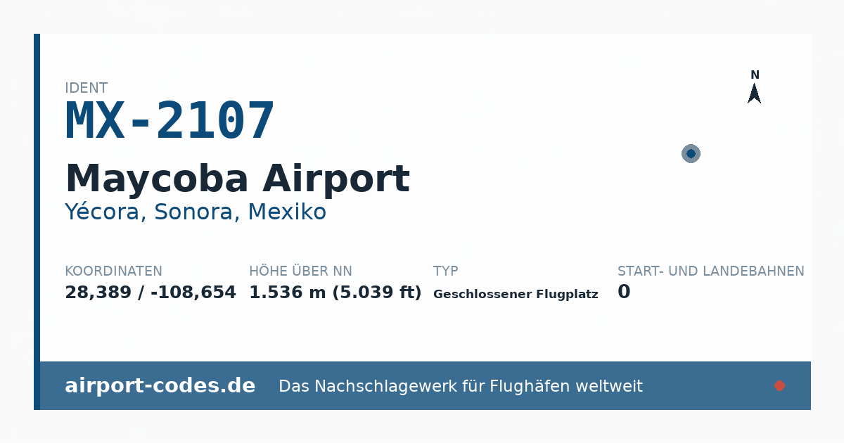 Generierte Übersichtsgrafik zum Flughafen Maycoba Airport mit Codes, Koordinaten und Bahnenskizze