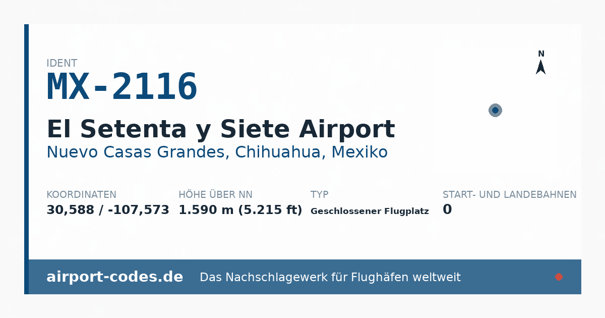 Generierte Übersichtsgrafik zum Flughafen El Setenta y Siete Airport mit Codes, Koordinaten und Bahnenskizze