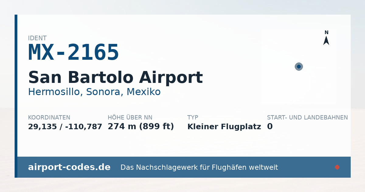 Generierte Übersichtsgrafik zum Flughafen San Bartolo Airport mit Codes, Koordinaten und Bahnenskizze