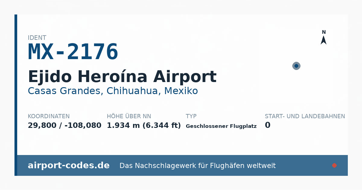 Generierte Übersichtsgrafik zum Flughafen Ejido Heroína Airport mit Codes, Koordinaten und Bahnenskizze