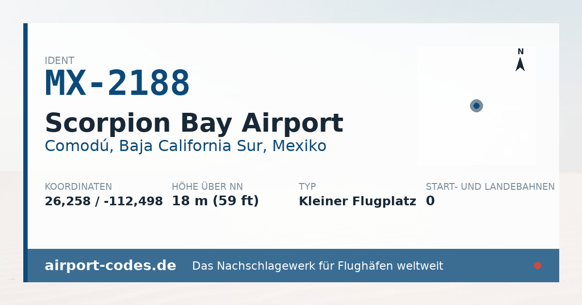 Generierte Übersichtsgrafik zum Flughafen Scorpion Bay Airport mit Codes, Koordinaten und Bahnenskizze