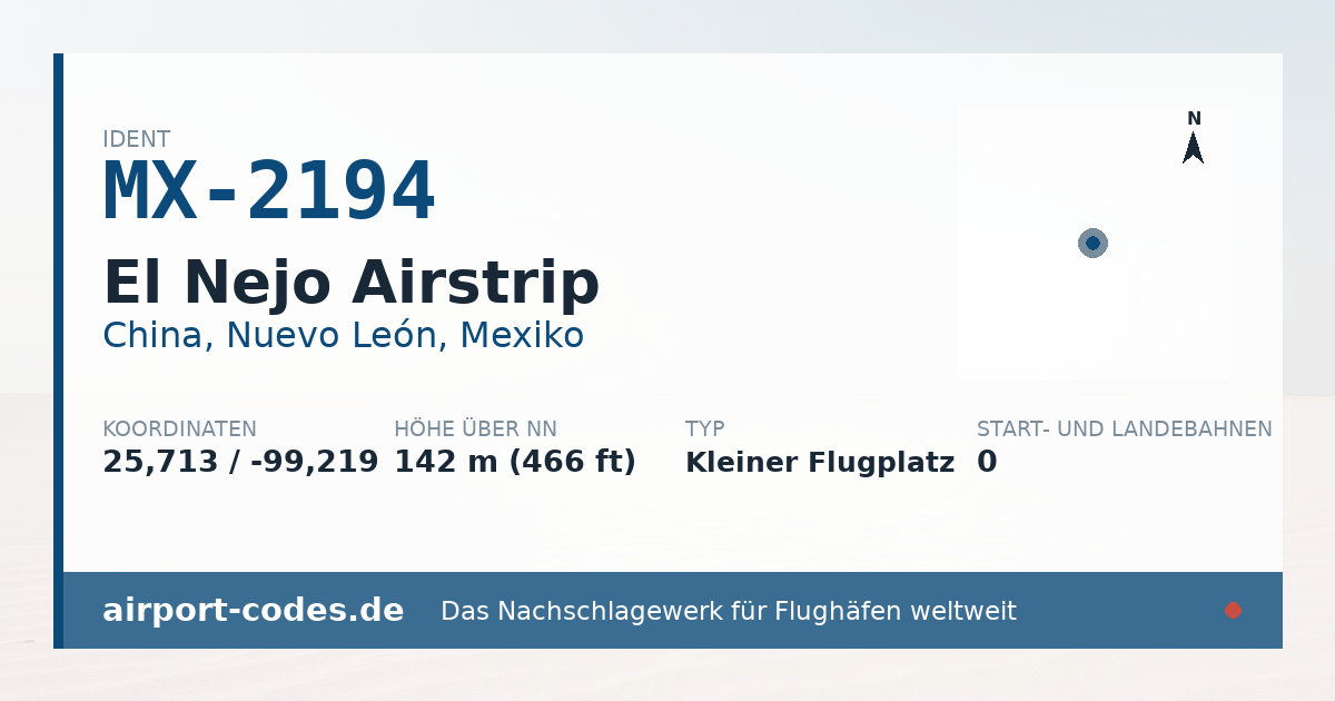 Generierte Übersichtsgrafik zum Flughafen El Nejo Airstrip mit Codes, Koordinaten und Bahnenskizze
