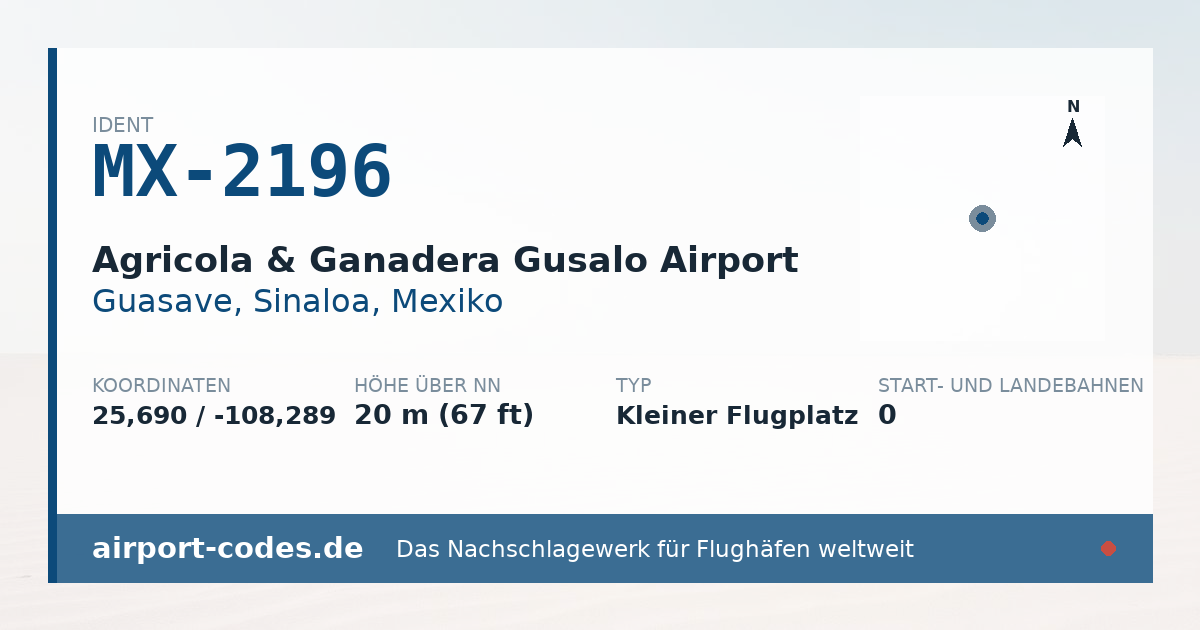 Generierte Übersichtsgrafik zum Flughafen Agricola & Ganadera Gusalo Airport mit Codes, Koordinaten und Bahnenskizze