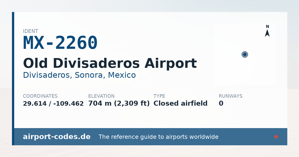 Generated summary graphic for Old Divisaderos Airport showing codes, coordinates and a runway sketch