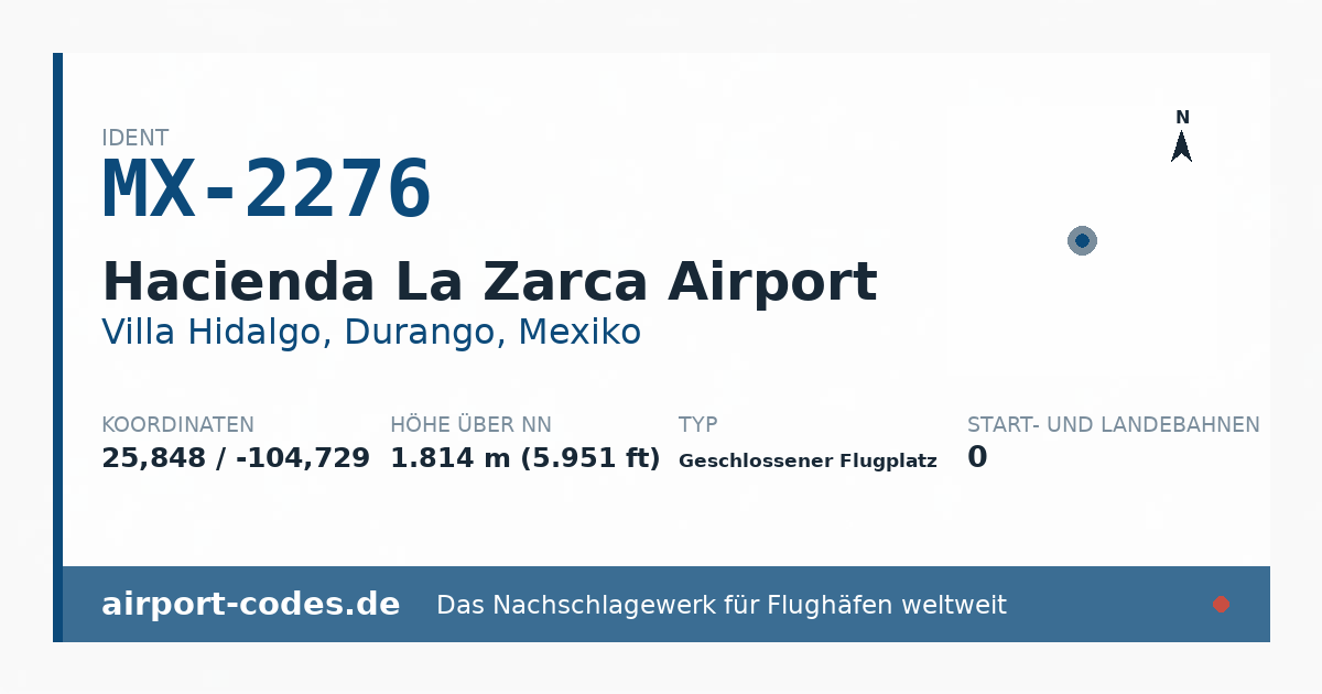 Generierte Übersichtsgrafik zum Flughafen Hacienda La Zarca Airport mit Codes, Koordinaten und Bahnenskizze