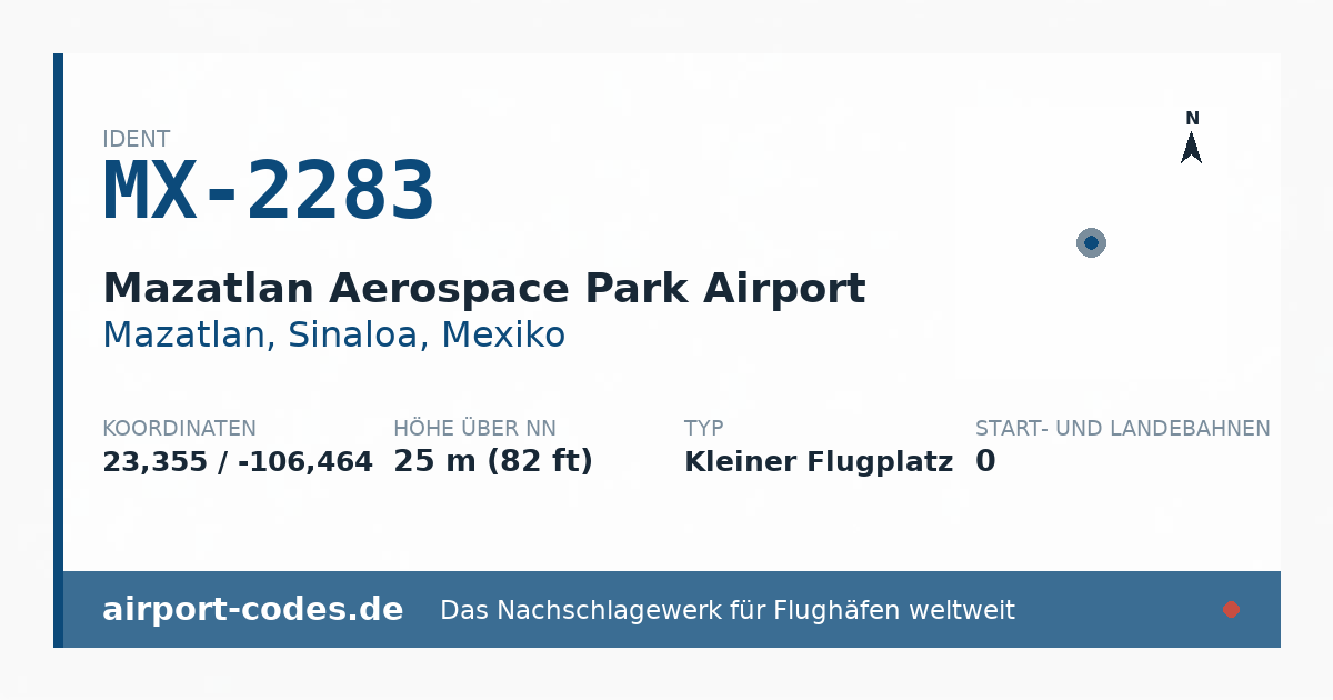 Generierte Übersichtsgrafik zum Flughafen Mazatlan Aerospace Park Airport mit Codes, Koordinaten und Bahnenskizze