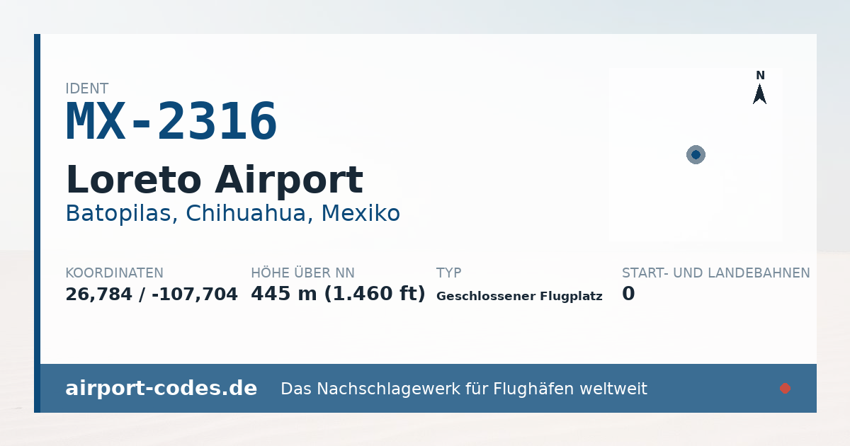 Generierte Übersichtsgrafik zum Flughafen Loreto Airport mit Codes, Koordinaten und Bahnenskizze
