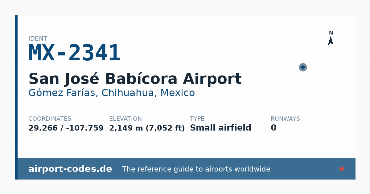 Generated summary graphic for San José Babícora Airport showing codes, coordinates and a runway sketch