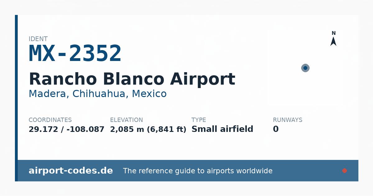 Generated summary graphic for Rancho Blanco Airport showing codes, coordinates and a runway sketch