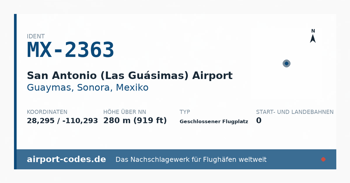 Generierte Übersichtsgrafik zum Flughafen San Antonio (Las Guásimas) Airport mit Codes, Koordinaten und Bahnenskizze