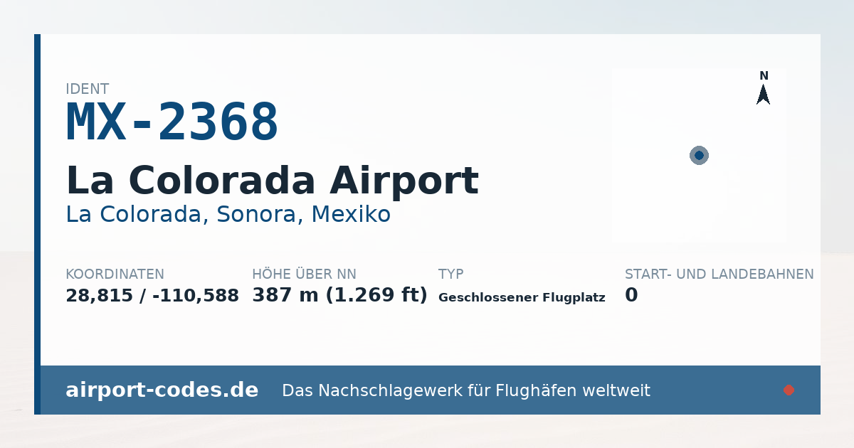 Generierte Übersichtsgrafik zum Flughafen La Colorada Airport mit Codes, Koordinaten und Bahnenskizze
