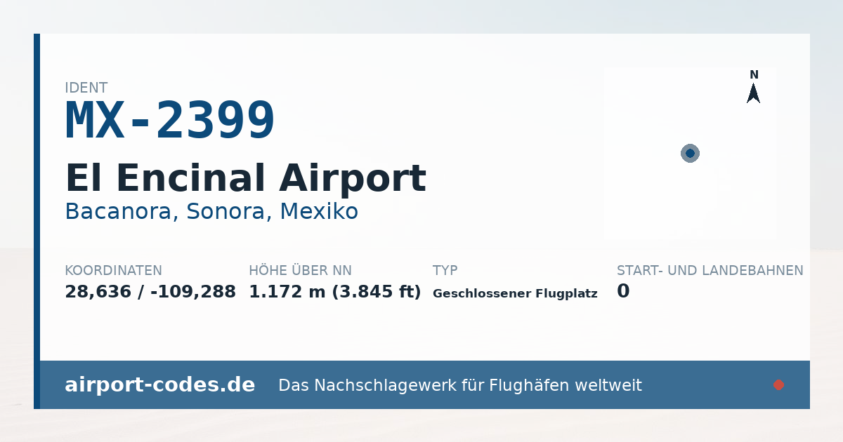 Generierte Übersichtsgrafik zum Flughafen El Encinal Airport mit Codes, Koordinaten und Bahnenskizze