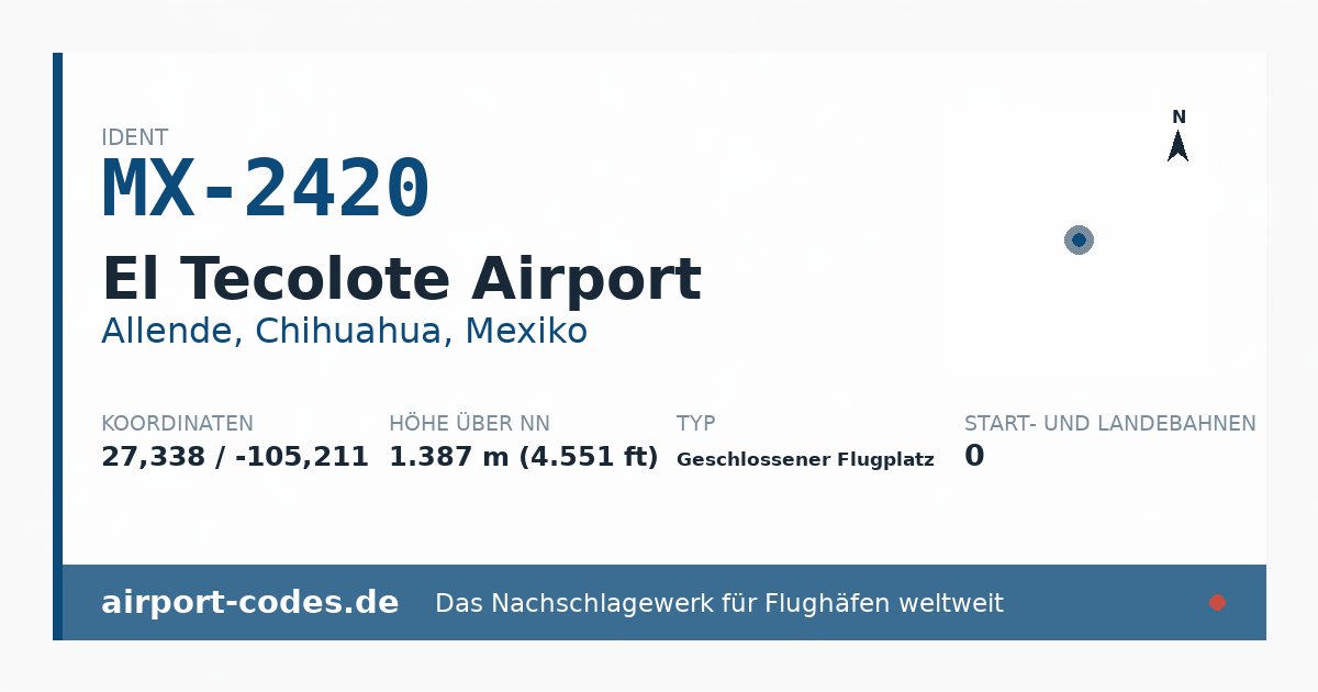 Generierte Übersichtsgrafik zum Flughafen El Tecolote Airport mit Codes, Koordinaten und Bahnenskizze