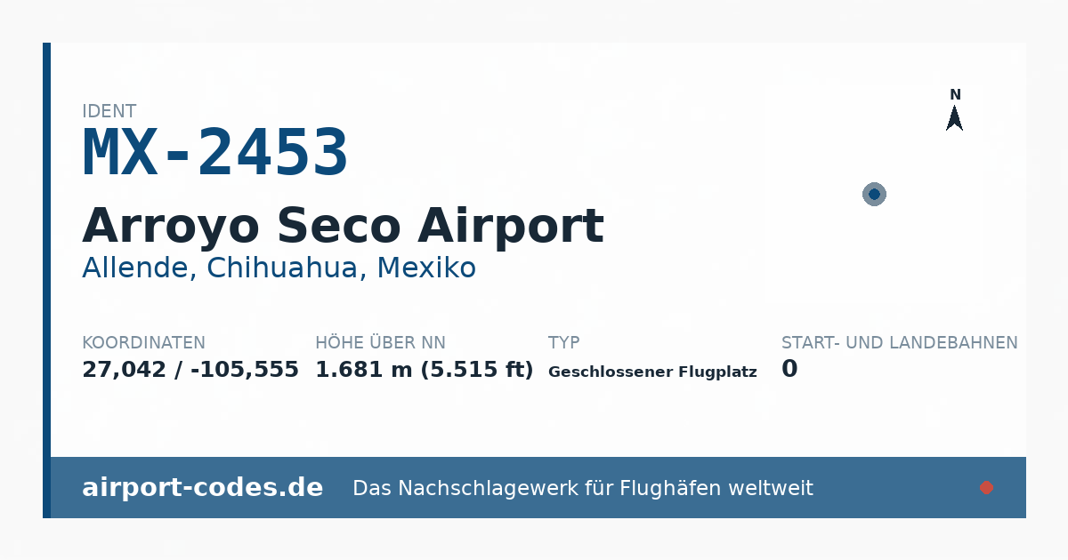 Generierte Übersichtsgrafik zum Flughafen Arroyo Seco Airport mit Codes, Koordinaten und Bahnenskizze
