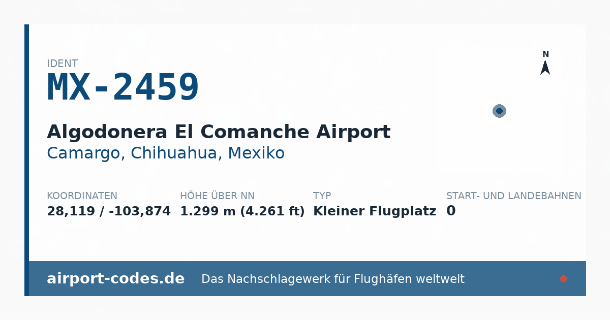 Generierte Übersichtsgrafik zum Flughafen Algodonera El Comanche Airport mit Codes, Koordinaten und Bahnenskizze