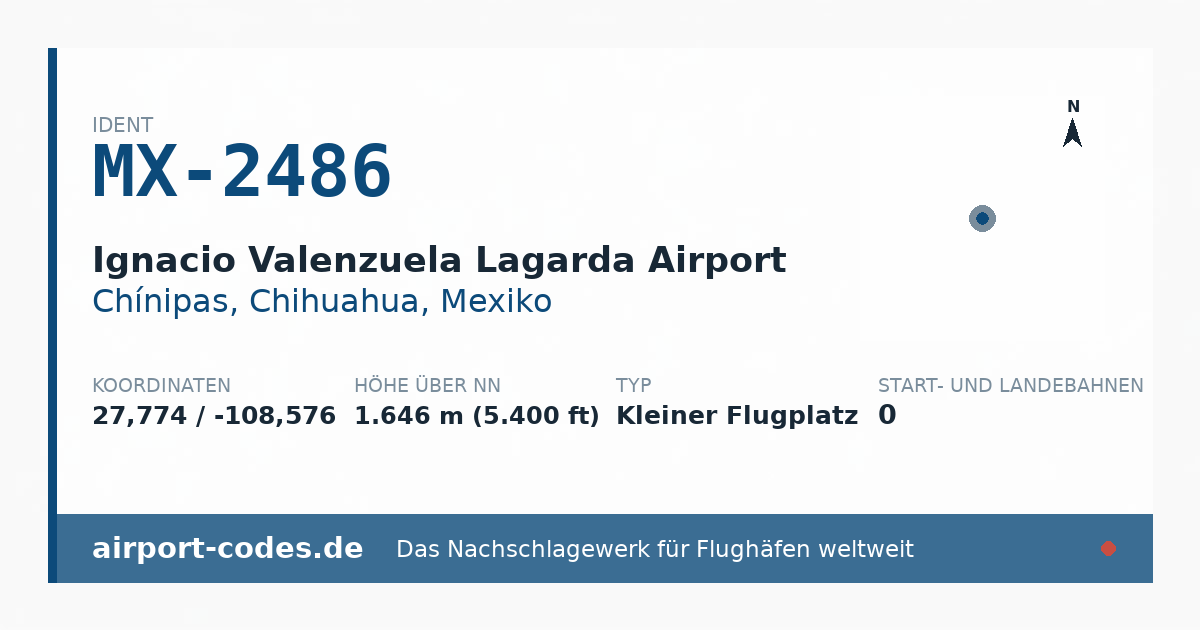 Generierte Übersichtsgrafik zum Flughafen Ignacio Valenzuela Lagarda Airport mit Codes, Koordinaten und Bahnenskizze